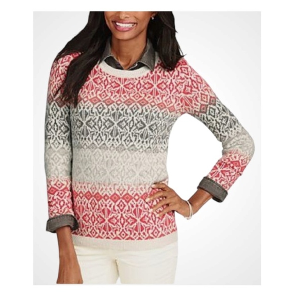 Talbots ‘Orange and Gray Fair Isle Ombré Crew Neck Lambs Wool Blend Sweater M